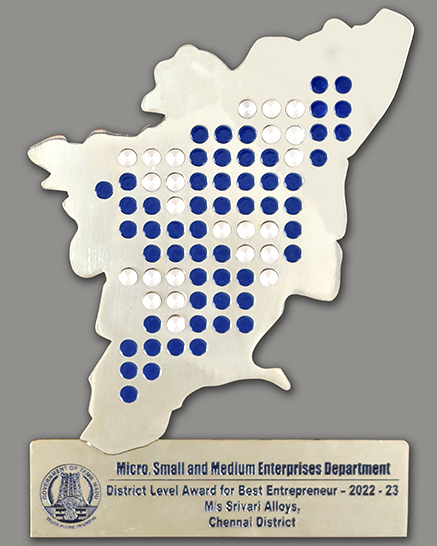 BEST ENTREPRENEUR DISTRICT LEVEL AWARD FOR - 2022-2023 (CHENNAI DISTRICT) From MSME Department, Government Of Tamil Nadu, India,                                                       Dated : 27.06.2023 (International MSME Day)